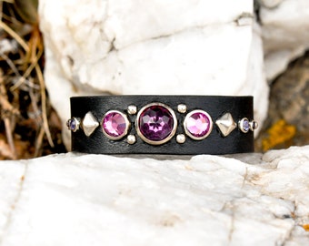 Leather Bracelet with Amethyst Rose Cut Swarovski Crystal