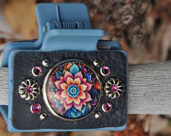 Nieten Leder Haarspange, Floral Mandala, Nieten & Kristalle