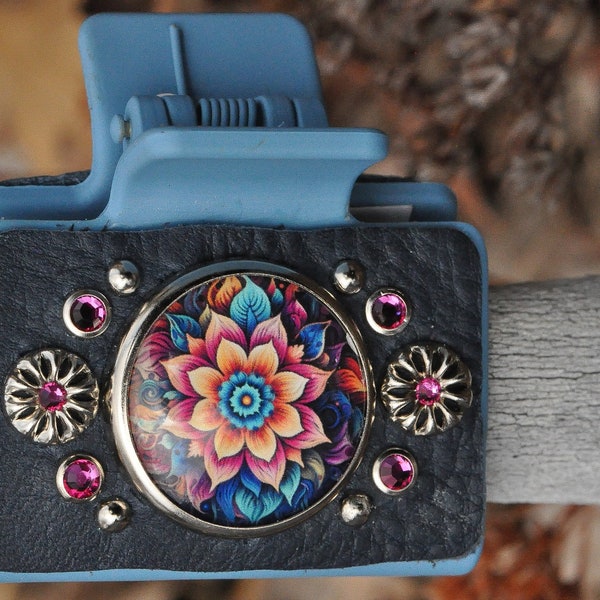 Studded Leather Claw Clip, Floral Mandala, Studs & Crystals