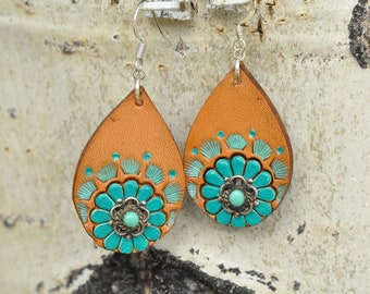 Turquoise and Leather Earrings, Vintage Turquoise Piece