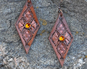 Stamped and Painted Leather Earrings, Diamond Shape