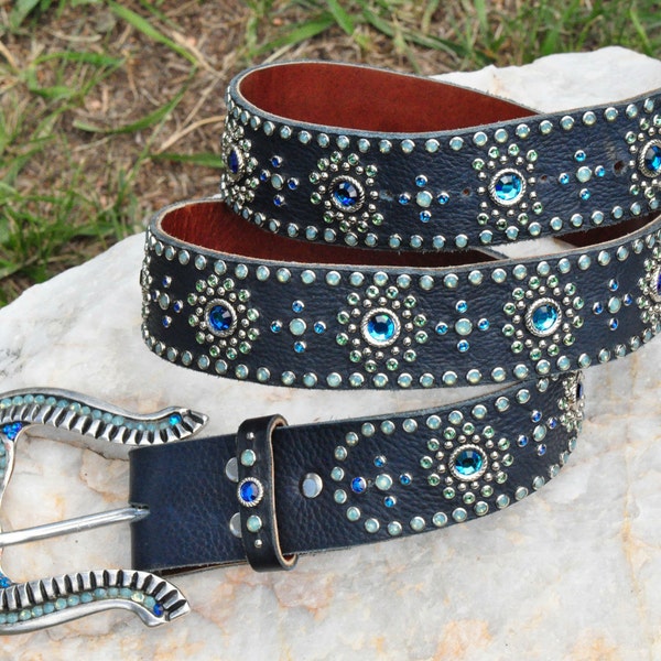 STARDUST BELT - Dark Blue Leather with Crystals in Bermuda Blue, Erinite, and Pacific Opal