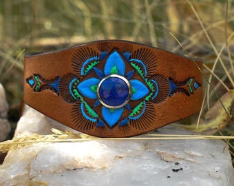 Painted Leather Cuff with Lapis Cabochon