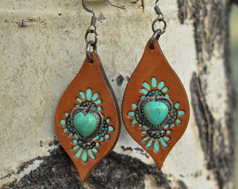 Turquoise and Leather Earrings, Vintage Turquoise Piece