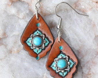 Turquoise and Leather Earrings, Vintage Turquoise Piece