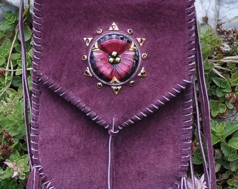 Cell Phone Bag Pouch, Festival Bag, Cross Body Strap, Burgundy with Inlaid Czech Glass Button