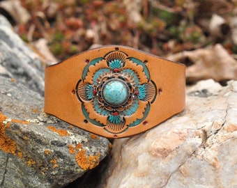 Leather Cuff with Vintage Taxco Turquoise Ring