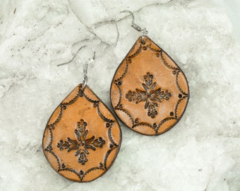 Leather Teardrop Earrings, Hand Stamped and Dyed