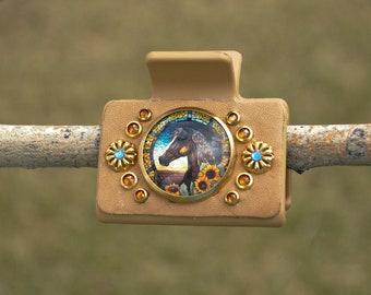 Nieten Leder Haarspange, Pferdekopf Cabochon, Nieten & Kristalle