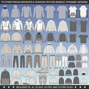 May include: A set of 70 streetwear mockups and fashion vector illustrations. The illustrations include hoodies, t-shirts, jackets, pants, shorts, hats, and sneakers. The illustrations are in various colors and styles. The text "INCLUDES 35 AI, 35 SVG, 35 PDF, AND 35 PNG FILES" is at the bottom of the image.
