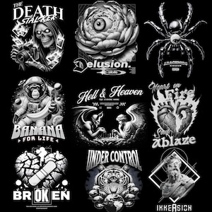Bold black and white streetwear designs blending religious themes and modern graphics,Urban T-Shirt Designs Bundle