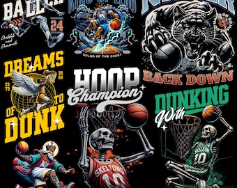Vintage Basketball T-Shirt Design Bundle in PNG Format: Streetwear & Fan-Focused Retro Basketball Graphics Collection