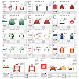 May include: A product sheet featuring various apparel items. Includes jackets, t-shirts, shorts, pants, hats, and jerseys. The color palette includes red, white, blue, green, and yellow. Each item is displayed with front, back, and side views, along with size charts.