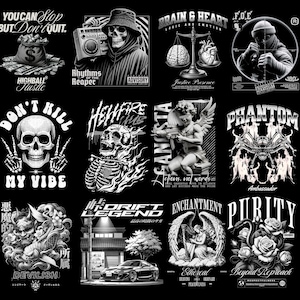 Monochrome streetwear designs blending religious themes and modern graphics,Urban T-Shirt Designs Bundle