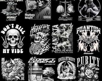 Monochrome streetwear designs blending religious themes and modern graphics,Urban T-Shirt Designs Bundle