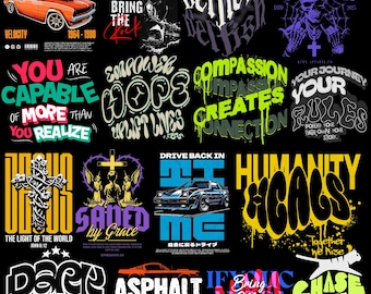 May include: A collage of colorful graphic designs with various text phrases, including "Speed Car", "Bring the Kick", "Selfless Not Selfish", "Chaos", "You Are Capable of More Than You Realize", "Empower Hope Uplifts Lives", "Compassion Impacts Creates Connection", "Your Journey Rules", "Jesus The Light of the World", "Saved by Grace", "Drive Back in It Me", "Humanity Heals", "Deep Shadow", "Asphalt Destroyer Speed Thrills, Asphalt Kills", "If You Bring Me Snacks Do This", and "Chase the Vision of the Crowd".