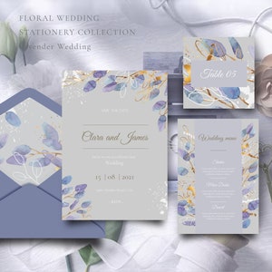 Modèle modifiable pour faire-part de mariage de style lavande. Faire-part gris et violet avec des fleurs. Définir des invitations, carte de numéro de table de menu