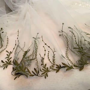 Green Wedding Veil: Cathedral Length with Embroidered Leaves
