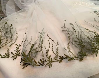 Green Cathedral Wedding Veil: Embroidered Leaf Bridal Veil