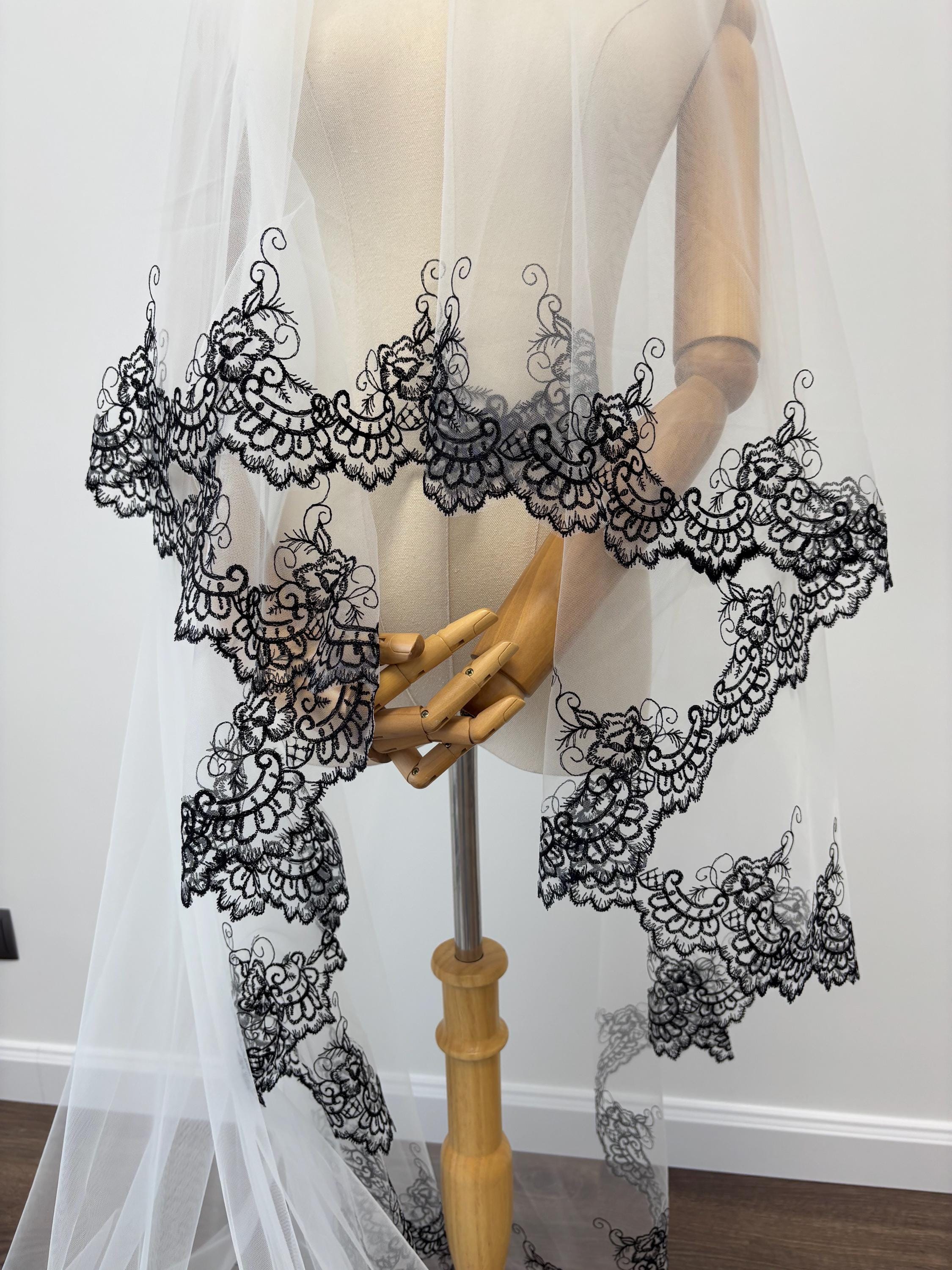 Black Lace Cathedral Veil, Gothic Wedding Veil with Blusher, Two Tier…