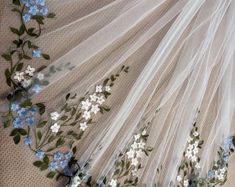 Wedding Veil with Blue & White Floral Embroidery – One Tier, Ivory / White, Plastic Comb
