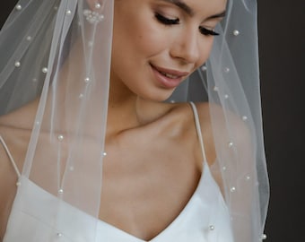 Velo de novia color marfil perlado – Velo de novia de tul suave de una sola capa con peine