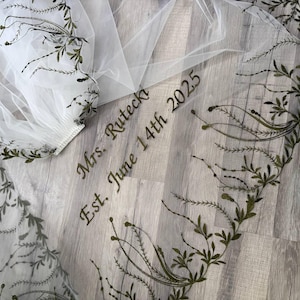 Green Lace Wedding Veil: Embroidered Leaves, Cathedral Length