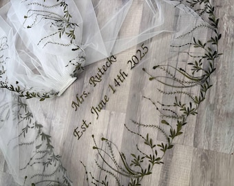 Green Lace Wedding Veil: Embroidered Leaves, Cathedral Length