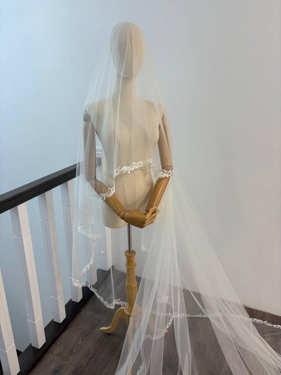 Ivory Sparkle Two Tier Wedding Veil, Embroidered Lace Edge 