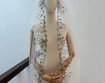 Ivory Wedding Veil | Green Floral Embroidery, Cathedral Length