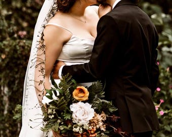 Embroidered Leaves Wedding Veil, Green Cathedral Bridal Veil
