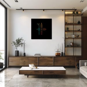 May include: A black and white image of a stylized cross with a geometric design. The cross is made up of thin lines and curves, and it is surrounded by a black background.