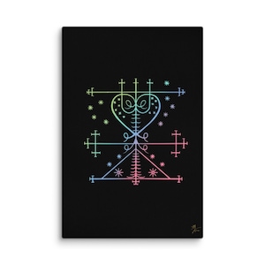 May include: A colorful, geometric heart symbol with a cross at the top and bottom, surrounded by stars on a black background.