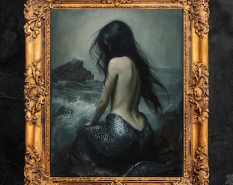 Abyssal-sirene | Gotisch zeemeerminolieverfschilderij | Donkere fantasie kunst aan de muur | Digitale download