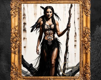 Lámina artística de mujer bohemia: decoración de estilo tribal nativo (descarga digital)