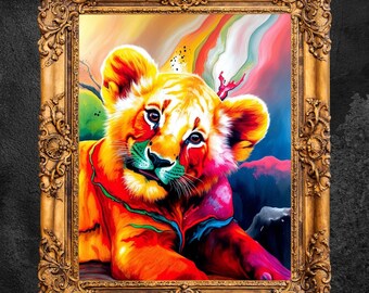 好奇心旺盛なライオンの子の絵画 ライオンの絵画 リアルなライオンの