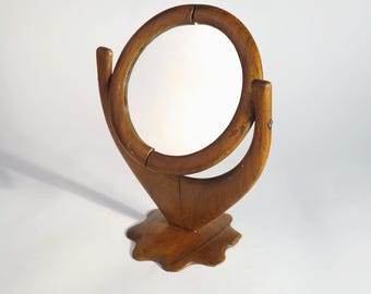 Vintage 1970s Wooden Vanity Mirror, Walnut Tone, Mid Century Style, Round Dressing Mirror