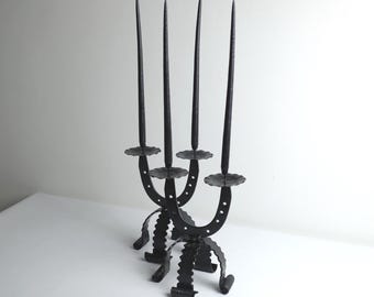 Brutalist Hand-Forged Black Iron Double Candlestick – 1970s Horseshoe Sculptural Candle Holder Pair