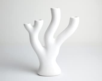 Vintage Coral Ceramic Bud Vase: Mid-Century Modern Coastal Decor