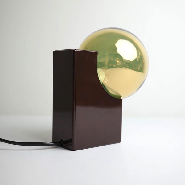 Lámpara de mesa Philips vintage – Años 70, estilo era espacial, plástico marrón, globo amarillo