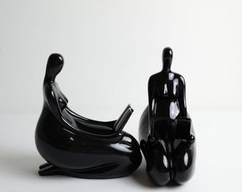 Vintage Silea Bookends: French Mid-Century Modern Black Lacquered Wood, Seated Women