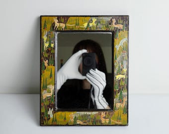 Vintage Hand Painted Folk Art Mirror with Woodland Animals – Millefleur Style Wall Mirror