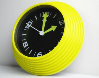 Vintage 1980s Bino Quartz Wall Clock – Fluorescent Green Plastic Ribbed Conical Case • Space-Age Decor