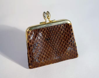 Vintage Snake Skin Coin Purse, Brown Wallet, Gold Tone Clasp, Retro Coin Pouch