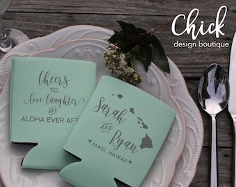 Cheers to Love, Laughter & Aloha Ever After Hawaiian Can Cooler Personalized Wedding Favors D458