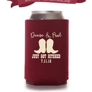 Just Got Hitched Country Can Cooler, Wedding Favors Fun Wedding Party Gifts Wedding Anniversary Party Gifts Custom Beverage Can Cooler 4D80