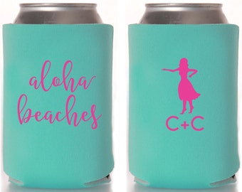 Personalized Aloha Beaches Can Cooler, Hula Girl Wedding Favor D171