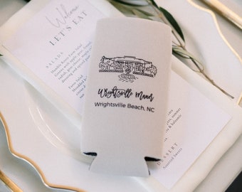 Illustrate Your Venue, Venue Portrait Wedding Favor, Personalized Wedding Can Cooler, Skinny Slim Can Cooler D467 Chick Design Boutique