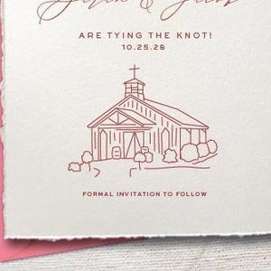 May include: Save the date card with a rustic church illustration and the text "Sarah & Jacob are tying the knot! 10.25.26" in a brown font. The card has a pink envelope.