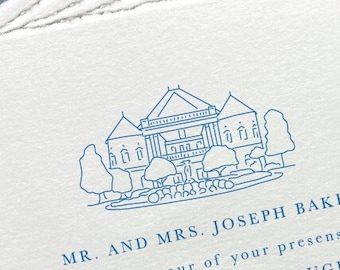 Pode incluir: Um convite de casamento com uma ilustração azul de um edifício e árvores. O texto diz "MR. AND MRS. JOSEPH BAKER request the honour of your presence at the MARRIAGE OF THEIR DAUGHTER Sarah Rose TO"